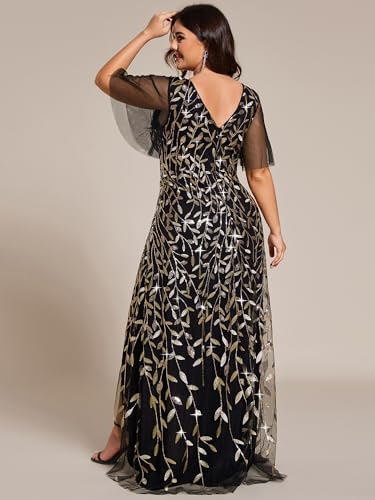 Ever-Pretty Women's Plus Size Gorgeous A Line High Low Slit Sequin Embroidered Formal Evening Dress with Sleeves 2083-DA2