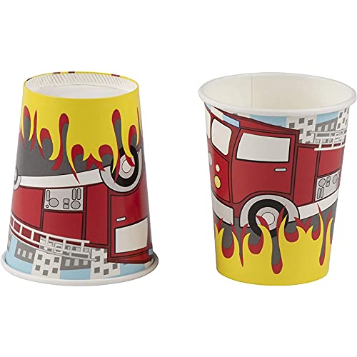 BLUE PANDA Firetruck & Firefighter Birthday Party Paper Plates & Cups - 144 Pieces, Serves 24, Red & Yellow - Napkins & Plastic Cutlery - Firetruck Plate Set for Party Decoration