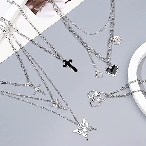 Joerica 9 Pcs Chain Necklace Egirl Cool Goth Punk Layered Necklaces For Women Men Butterfly Heart Black Crystal Cross Pendant Choker Necklace Set Y2K Emo Jewelry #TOP2