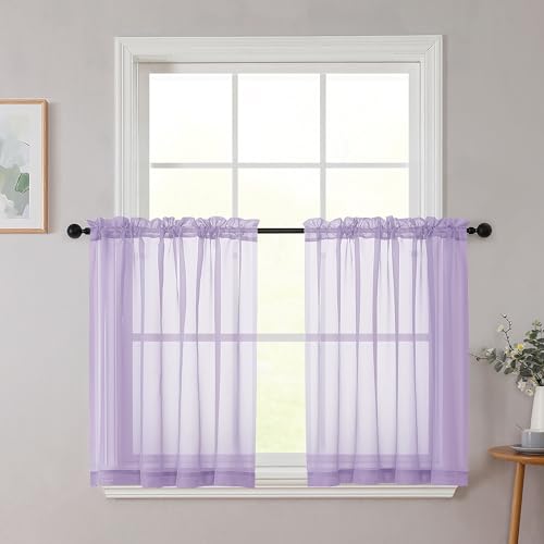 WelvetBLK Lavender Kitchen Curtains 30 Inch Length Tier 2 PCS, Solid Soft Airy Half Curtains for Windows, Lavender Sheer Rod Pocket Drapes for Bathroom Basement Small Window Curtain, 42"Wx30"L Inches