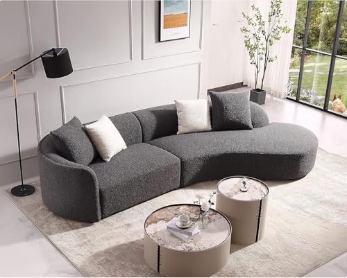 Image of Modern Futuristic J- Style Curved Boucle Febric Sofa Round Arm 4 Seater Sofa with Soft Pillow for Living Room, Bedroom, Hallways (Grey)