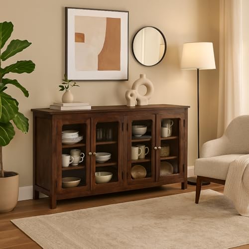 Image of Solid Wood Madrid 4-Door Glass Sideboard Cabinet | Crockery | Kitchen Cabinet | Finish - Scratch Resistant Tubaq