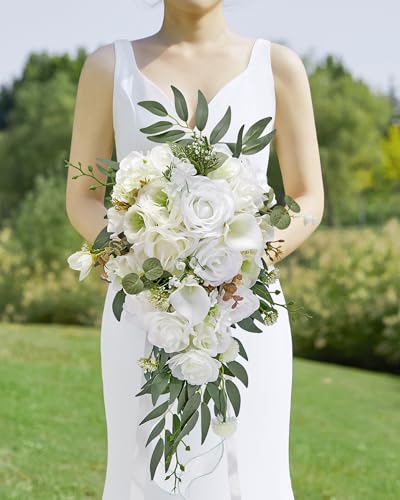 Alecono Wedding Bouquets for Bride, 8in Artificial White Bridal Bouquets