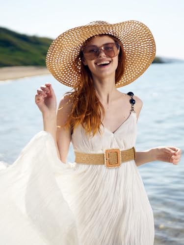 Image of WILLBOND 4 Pcs Women's Elastic Raffia Woven Belt, Boho Rattan Buckle Stretch Straw Wide Waist Belt for Dresses Jeans Pants