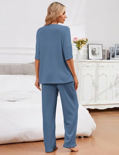 Image of JiniGolla Womens Pajama Sets Waffle Knit Short Sleeve Shirt with Long Pajama Pants Soft Sleepwear Pj Lounge Sets