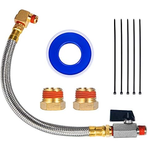 Breezliy Extended Tank Drain Valve Assembly Kit,10 Inch Braided Steel Hose 1/4 Inch NPT Drain Valve and Elbow Fitting for Air Compressor with Two Extra 1/4" to 3/8" Brass Adapter and Thread Seal Tape Cover