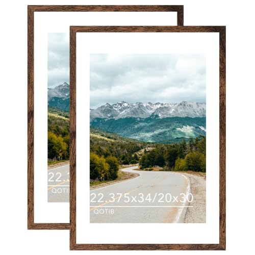 QOTIB Wood 22.375x34 Picture Frame with 20x30 Mat, Display 20x30 with Mat or 22.375x34 Without Mat, Wood 22.375 by 34 Photo Frame, 22.375 x 34 Frame for Wall Hanging Display, Deep Brown, 2 Pack