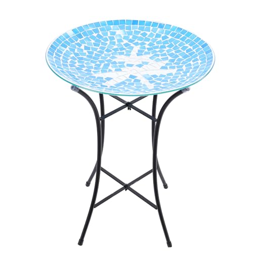 MUMTOP Mosaic Glass Bird Baths, 14 Inch Width Outdoor Garden Dragonfly Bird Bath Bowl with Metal Stand, Unique Glass Birdbaths Bird Feeder for Yard Decor, 19.68 Inch Height