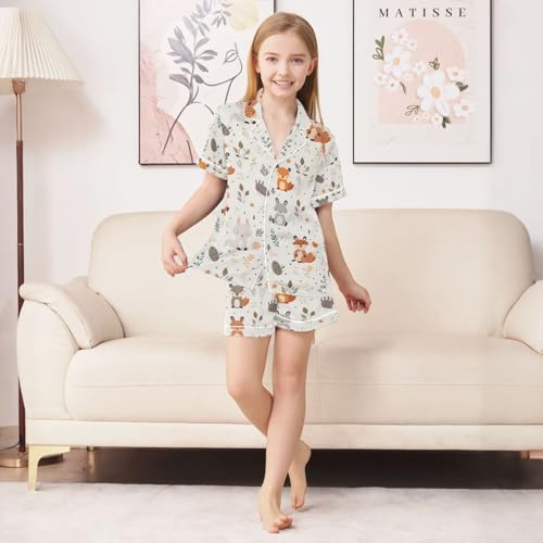 ALAZA Fox Rabbit Squirrel Leaves Pajamas Satin Pajama Set Short Sleeve Button Down Sleepwear3