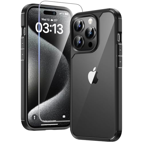 Image of TAURI for iPhone 15 Pro Max Case, with Screen Protector, Black | Anti-Yellowing Military-Grade Protection Shockproof Slim Phone Case for iPhone 15 Pro Max