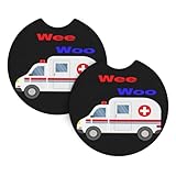 Wee Woo Ambulance Amr Funny EMS EMT Paramedic Car Cup Coasters Non-Slip Neoprene Car Holders Pads Protective Liners for Auto Interiors Suitable for All Vehicle Universal Set of 2 Pcs