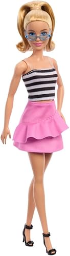 Barbie Fashionistas Doll #213, Blonde with Striped Top Wearing Removable Pink Skirt & Sunglasses, 65th Anniversary Collectible Fashion Doll Falda