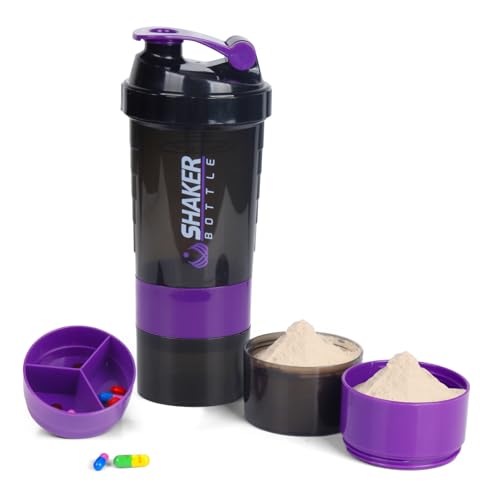 VECH Protein Shaker Bottle - Sports Water Bottle - Non Slip 3 Layer Twist Off GYM Cups with Pill Tray - Leak Proof Shake Bottle Mixer- Protein Powder 16 oz Shake Cup with Storage (Purple)