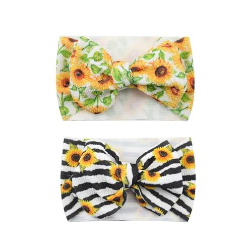 Baby Girl's 8'' Soft Large Bowknot Nylon Printing Headband Toddler Hairband Set of 2 (Sunflowers, One Size)