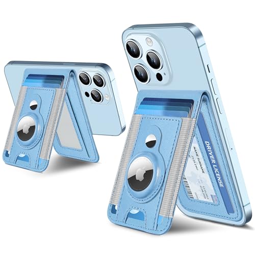 ExtreLife for Magsafe Wallet with Airtag Holder, Magnetic Wallet for iPhone 16/15/14/13/12 Series, 9-Card Holder, Open ID Window, Adjustable Stand, RFID Blocking, Light Sky Blue