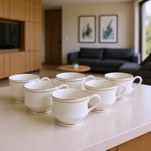 Image of SkyKey Fine Ceramic Bone China Gold Line Mona Tea Coffee Cup - 6 Pcs, 160 ML, White