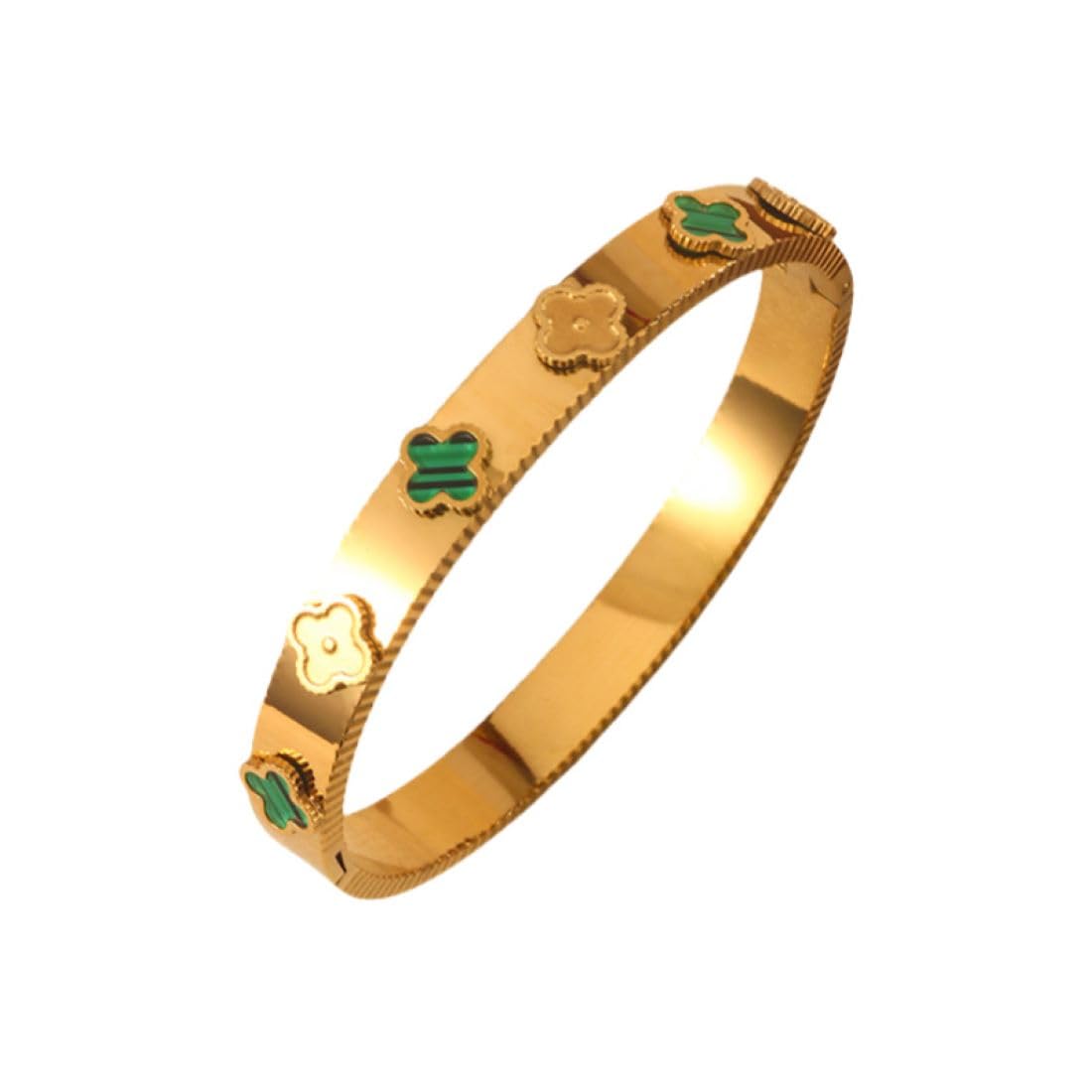 Aaishwarya 18K Gold Plated Green & Gold Clover Open Bangle Bracelet | Waterproof Anti-Tarnish Titanium Steel | Gift for Women and Girls | Minimal Statement Bracelet | Office wear Jewelry
