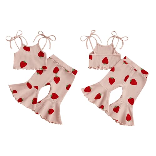 Strawberry Outfit Baby Girl Summer Clothes Toddler Kid Bow Print Sleeveless Camisole Tank Top Flare Pant Sets 0-5T4