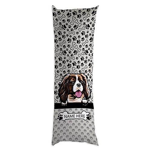 GUGLILI Dog Paw Body Pillow Cover Cavalier King Charles Spaniel Dog Custom Pet Name 20x54 inch Cartoon Puppy Paws and Bones Cartoon Footprint Doodles Print Long Pillow Case Protector with Zipper