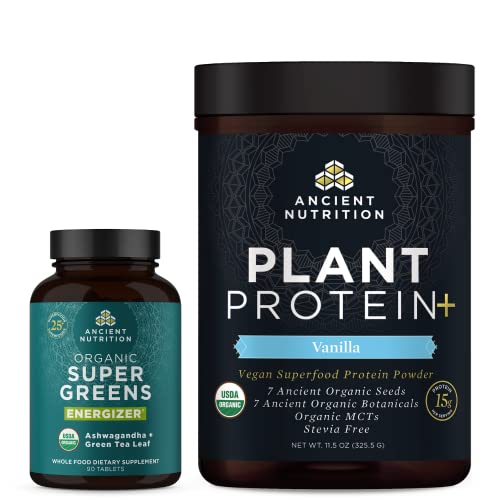 Ancient Nutrition Organic Super Greens Energizer Tablet, 90 Count + Plant Protein Powder, Vanilla,12 Servings #TOP28