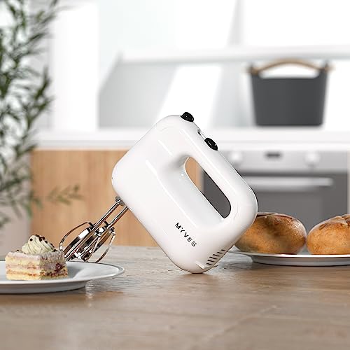 MYVES Hand Mixer Boasts a Powerful motor, 5 Speeds, Durable Stainless Steel Design, Fashion White Color and User-Friendliness, 5 Attachments, Ideal For both Chefs and Beginners - Image 4