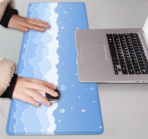 Image of IMAYONDIA Cute Pastel Blue Desk Mat, Aesthetic Stars Moon Desk Pad, Kawaii Anime Deskmat, Gradient White Clouds Computer Pad, Minimalist Large Gaming Mouse Pad Mousepad, 31.5 X 11.8 Inch