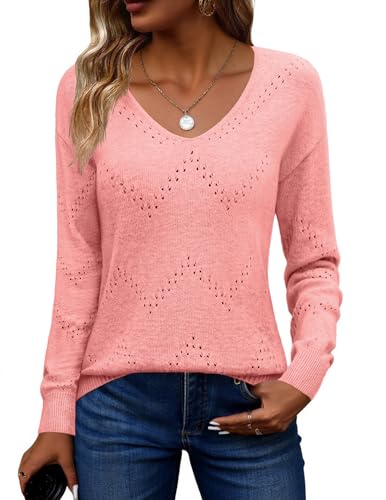Image of Zeagoo Womens Sweaters Fall Trendy Casual Long Sleeve Shirt Lightweight V Neck Off Shoulder Crochet Pullover Top Outfit