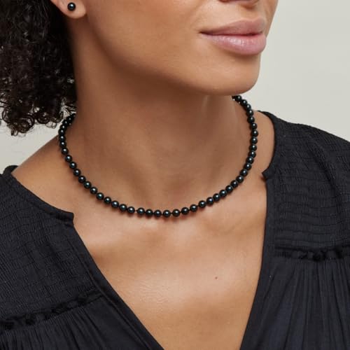 The Pearl Source 6.0-6.5mm Black Akoya Japanese Pearl Necklace for Women - 14k Gold Pearl Strand Necklace | 18in Long Pearl Necklace with Genuine Cultured Pearls