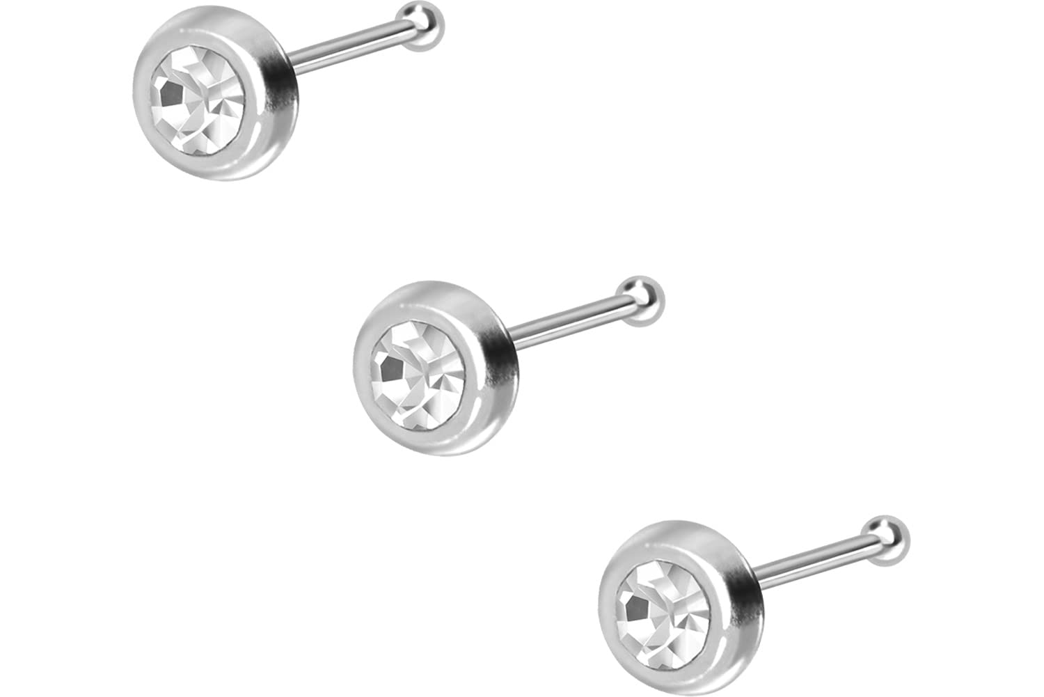 PIERCINGLINE Juego de 3 piercings de plata de ley 925 para la nariz | cristal redondo | Piercing para la nariz | Selección de juego