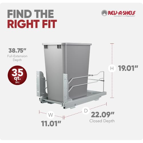 Image of Rev-A-Shelf 35 Qt Pull Out Trash Can with Soft Close for Under Kitchen Cabinets, Min Opening Width of 11.5 inch, Metallic Silver, 53WC-1535SCDM-117