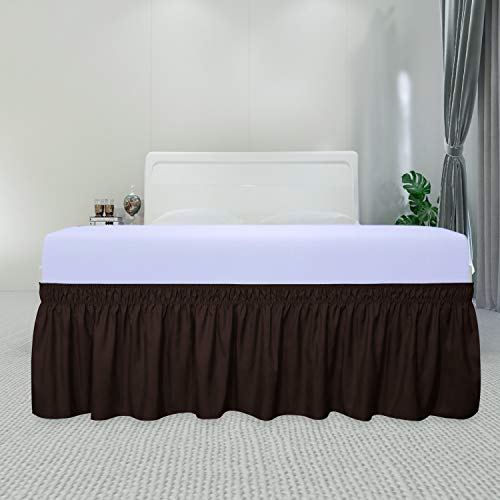 PureFit Wrap Around Ruffled Bed Skirt with Adjustable Elastic Belt - 18 Inch Drop Easy to Put On, Wrinkle Free Bedskirt Dust Ruffles, Bed Frame Cover for Twin,Twin XL and Full Size Beds, Chocolate