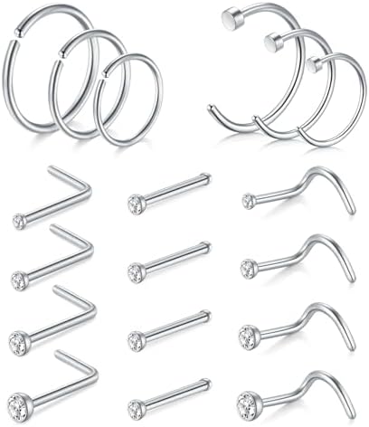 AVYRING Nose Rings Hypoallergenic Stainless Steel L-Shaped Nose Stud Screws with Cubic Zirconia Nose Piercing Jewellery 22G 20G 18G, Pack of 8 Pieces 18 Pieces or 24 Pieces