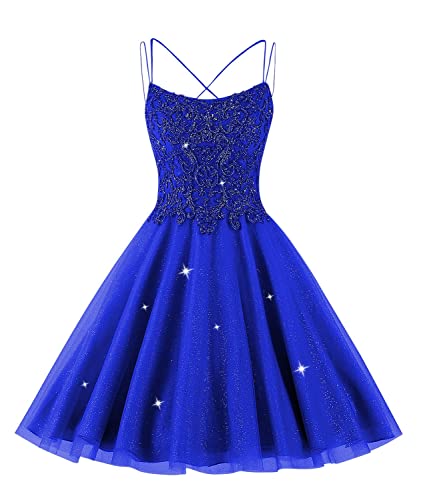 Lace Tulle Homecoming Dress for Teens - Short Spaghetti Strap Sparkly Beaded Prom Dress 2025