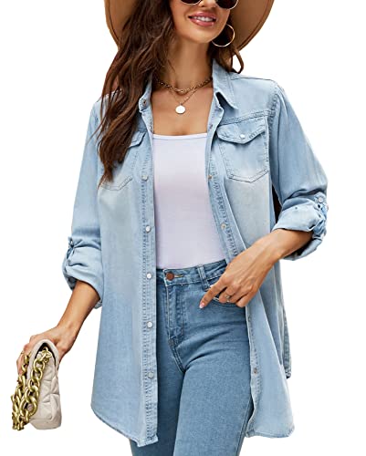 Kedera Womens Button Down Denim Shirt Long Sleeve Roll Up Boyfriend Jean Jacket Shacket