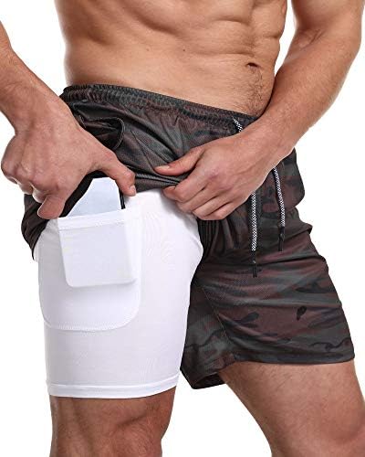 Men's 2-in-1 Bodybuilding Workout Shorts Lightweight Gym Training Short Running Athletic Jogger with Zipper Pockets