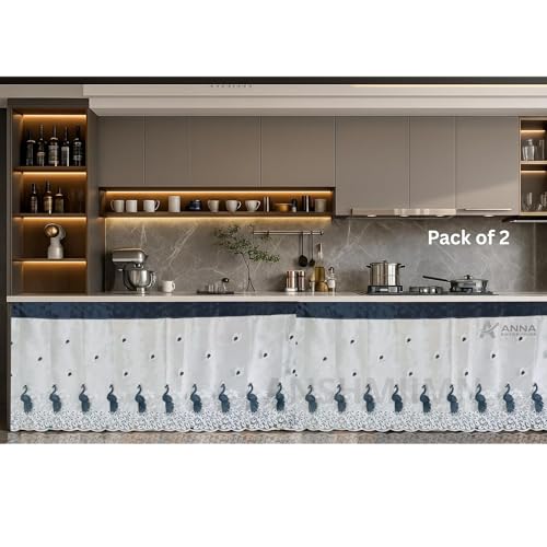 Image of Embroidered Kitchen Sink Curtain with Rod Pocket | Decorative Under Sink Cabinet Curtain | Floral & Peacock Design | Washable Fabric | Size: 150 x 71 CM (Gray, Pack of 2)
