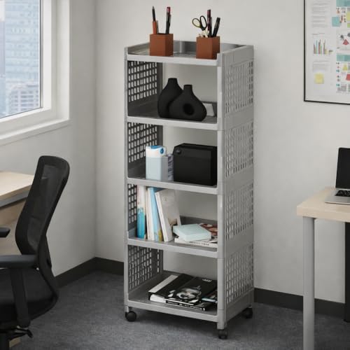 Plastic Multipurpose Trolley Rack with Wheels – Kitchen, Bathroom, Office, Salon & Hospital Organizer for Bottles, Jars, Books, Cosmetics & Household Items (5 Layer, Silver)