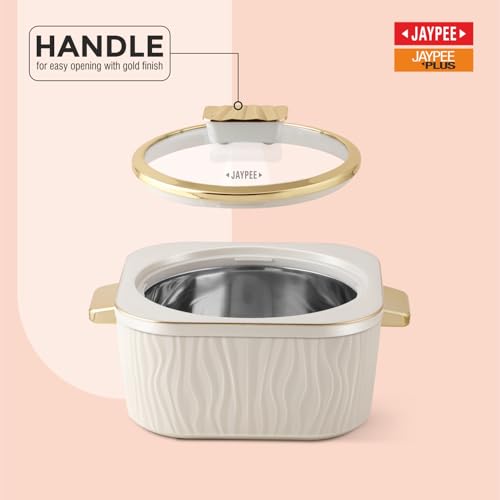 Image of JAYPEE Crinkle Klass Inner Stainless Steel Casserole Set of 3(1000+1500+2000) ml PUF Insulated Gold Finish Handle Lockable Lid BPA Free Hot Box for Kitchen Roti Box Hot Pot Serving Casserole,White
