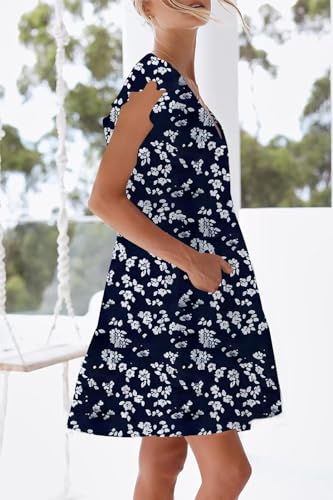 Image of nclook Womens Summer Casual Dresses Sweet Cute V Neck Mini Dress with Pockets Ruffle Short Sleeve