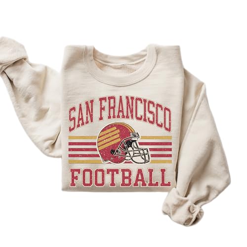 DAYLEA Distressed San Francisco Football Sweatshirt Retro College Style Vintage Helmet Graphic Crewneck Pullover for Women & Men (Sand Large)