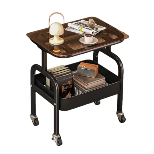 haoyunjianjiak サイドテーブル サイドワゴン キャスター付き 360度の回転 ソファテーブル 物置棚 多機能収納カート 可動式テーブル 二層式 収納ラック ベッドルーム キッチン 書斎 リビングルーム (ミッドナイトブラック - 2段式 [ガ