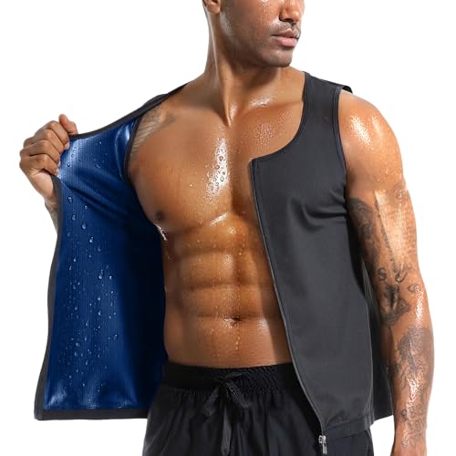 Everfion Mens Sauna Vest Zipper Ribbed Sweat Suit Waist Trainer Sleeveless Sauna Shirt for Men Compression Tank Top
