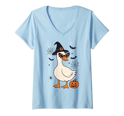 Womens Funny Witch Goose Halloween Pumpkin Spider Web Spooky Goose V-Neck T-Shirt