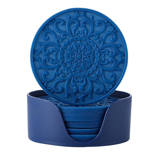 Colinda Silicone Coasters - Set of 6 with Holder, Non-Slip Cup Mats for Hot and Cold Drinks, Decorative Designs, Gift Ready Packaging, Navy Blue