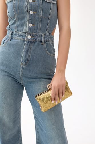 Image of Fashion Women's Evening Bags, Gold Silk Luxury Handbags with Chain Stylish Purses for Wedding Party