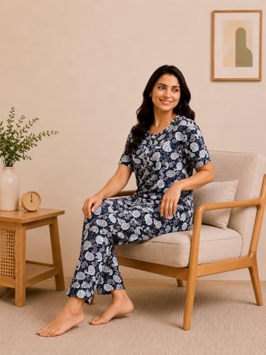 Image of KIAWAH Women Printed Night Suit Set, Cotton Blend Night Suit, A-Line Top and Pajama Set, Soft and Breathable Night Wear