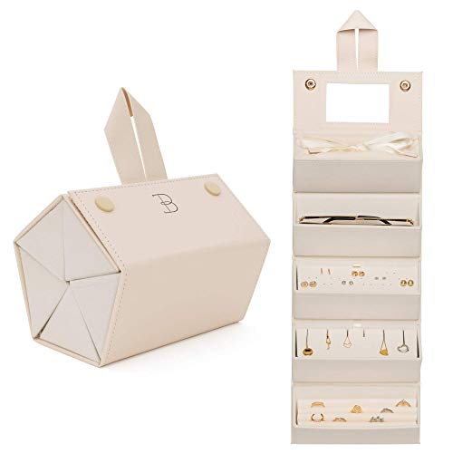 Travel Jewelry Organizer Jewelry Box – Luxurious, Compact Jewelry Travel Organizer w/ Necklace Holder, Earring Organizer, Ring Holder, Hidden Compartments Jewelry Roll Case w/ 5X Capacity! (BEIGE)