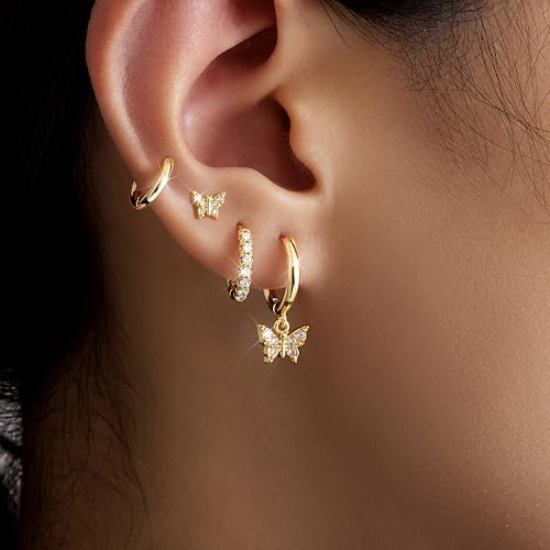 Image of Small Gold Huggie Hoop Earrings Set for Women Men Hypoallergenic 14K Plated Stack Cartilage Earrings, Sterling Silver Multiple Piercing Lightweight Mini Thin Cute Dainty Trendy Jewelry Gifts for Women
