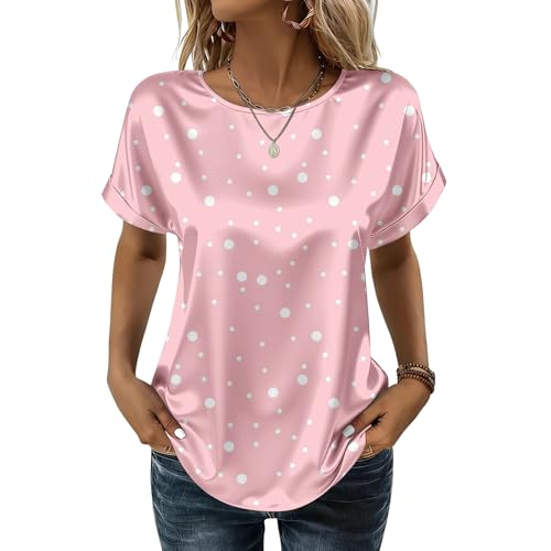 Womens Dressy Casual Loose Summer Silk Shirts Round Neck Short Sleeve Business Tops Fashion Printed Satin Blouse