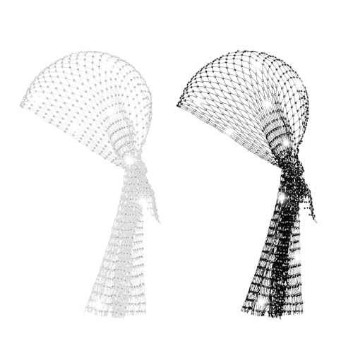 GFLPO Rhinestone Mesh Headband Rhinestone Head Scarf Sparkly Wide Head Scarfs Crystal Nightclub Headscarfs Stretchy Rave Party Head Wraps Rave Hair Accessories for Women (Black and White 2Pcs)